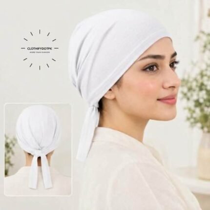 Close-up of woman wearing breathable cotton jersey tie back hijab cap also known as tie-back hijab undercap or underscarf. BY CLOTHIFYDOTPK