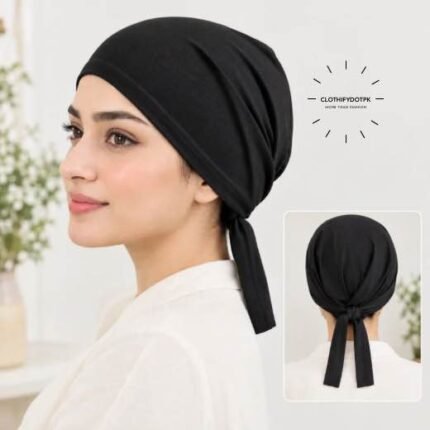 Close-up of woman wearing breathable cotton jersey tie back hijab cap also known as tie-back hijab undercap or underscarf. BY CLOTHIFYDOTPK