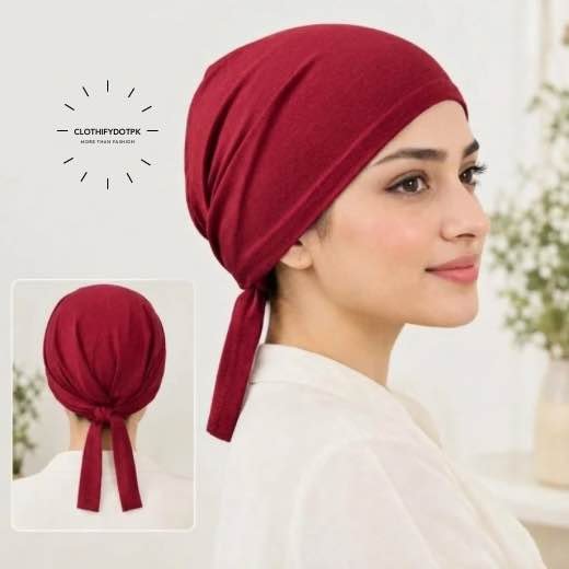 Hijab cap-Tie back-8373 - 20 Close-up of woman wearing breathable cotton jersey tie back hijab cap also known as tie-back hijab undercap or underscarf. BY CLOTHIFYDOTPK