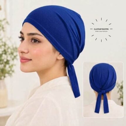 Close-up of woman wearing breathable cotton jersey tie back hijab cap also known as tie-back hijab undercap or underscarf. BY CLOTHIFYDOTPK