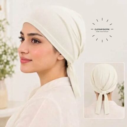 Close-up of woman wearing breathable cotton jersey tie back hijab cap also known as tie-back hijab undercap or underscarf. BY CLOTHIFYDOTPK