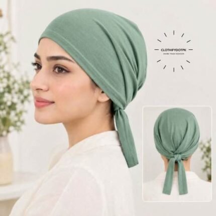 Close-up of woman wearing breathable cotton jersey tie back hijab cap also known as tie-back hijab undercap or underscarf. BY CLOTHIFYDOTPK