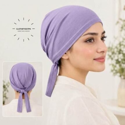 Close-up of woman wearing breathable cotton jersey tie back hijab cap also known as tie-back hijab undercap or underscarf. BY CLOTHIFYDOTPK