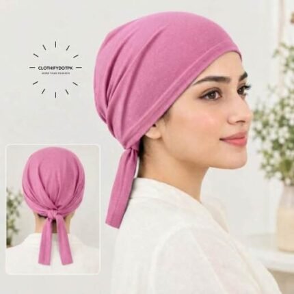 Close-up of woman wearing breathable cotton jersey tie back hijab cap also known as tie-back hijab undercap or underscarf. BY CLOTHIFYDOTPK