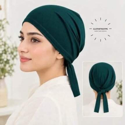 Close-up of woman wearing breathable cotton jersey tie back hijab cap also known as tie-back hijab undercap or underscarf. BY CLOTHIFYDOTPK