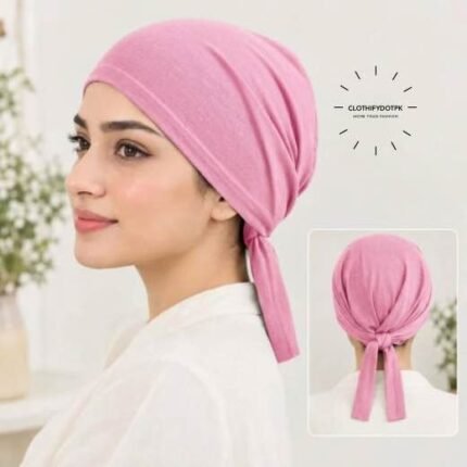 Close-up of woman wearing breathable cotton jersey tie back hijab cap also known as tie-back hijab undercap or underscarf. BY CLOTHIFYDOTPK