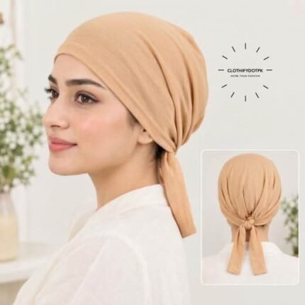 Close-up of woman wearing breathable cotton jersey tie back hijab cap also known as tie-back hijab undercap or underscarf. BY CLOTHIFYDOTPK