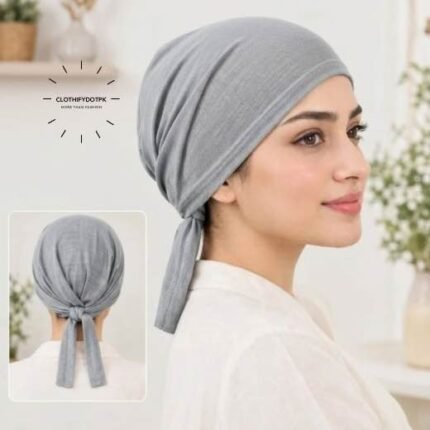 Close-up of woman wearing breathable cotton jersey tie back hijab cap also known as tie-back hijab undercap or underscarf. BY CLOTHIFYDOTPK