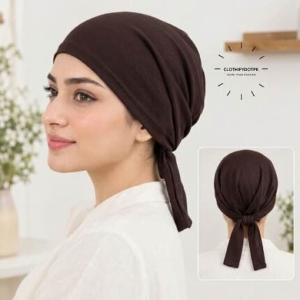 Close-up of woman wearing breathable cotton jersey tie back hijab cap also known as tie-back hijab undercap or underscarf. BY CLOTHIFYDOTPK