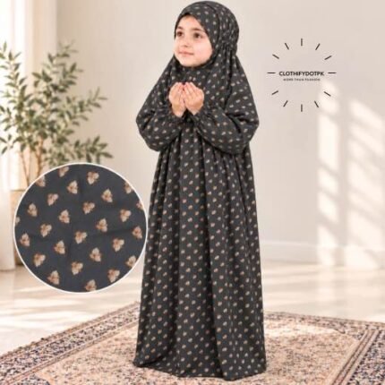 Young child wearing printed Kids Arabic Namaz Chadar with full coverage. BY CLOTHIFYDOTPK