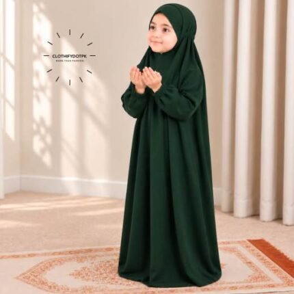 Young child wearing plain Kids Arabic Namaz Chadar with full coverage. BY CLOTHIFYDOTPK
