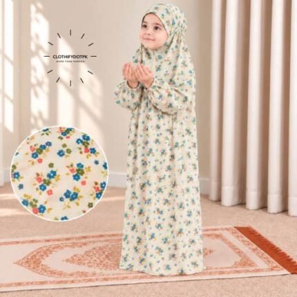 Young child wearing printed Kids Arabic Namaz Chadar with full coverage. BY CLOTHIFYDOTPK