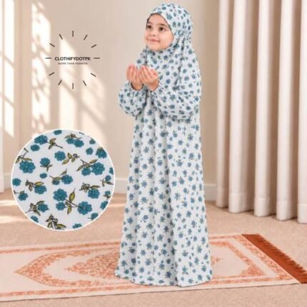 Young child wearing printed Kids Arabic Namaz Chadar with full coverage. BY CLOTHIFYDOTPK
