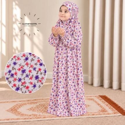 Young child wearing printed Kids Arabic Namaz Chadar with full coverage. BY CLOTHIFYDOTPK