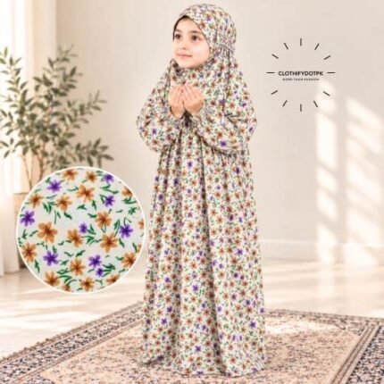 Young child wearing printed Kids Arabic Namaz Chadar with full coverage. BY CLOTHIFYDOTPK