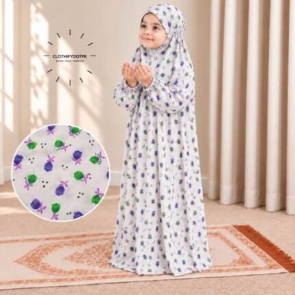 Young child wearing printed Kids Arabic Namaz Chadar with full coverage. BY CLOTHIFYDOTPK