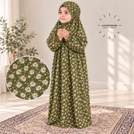 Young child wearing printed Kids Arabic Namaz Chadar with full coverage. BY CLOTHIFYDOTPK