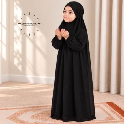 Young child wearing plain Kids Arabic Namaz Chadar with full coverage. BY CLOTHIFYDOTPK
