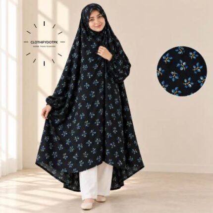 A girl wearing breathable soft swiss lawn modest coverage Kids Namaz Chadar with sleeves. BY CLOTHIFYDOTPK