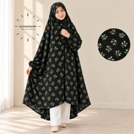 A girl wearing breathable soft swiss lawn modest coverage Kids Namaz Chadar with sleeves. BY CLOTHIFYDOTPK