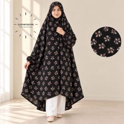 A girl wearing breathable soft swiss lawn modest coverage Kids Namaz Chadar with sleeves. BY CLOTHIFYDOTPK