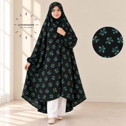 A girl wearing breathable soft swiss lawn modest coverage Kids Namaz Chadar with sleeves. BY CLOTHIFYDOTPK