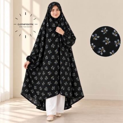A girl wearing breathable soft swiss lawn modest coverage Kids Namaz Chadar with sleeves. BY CLOTHIFYDOTPK