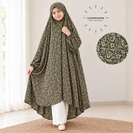 A girl wearing breathable soft swiss lawn modest coverage Kids Namaz Chadar with sleeves. BY CLOTHIFYDOTPK