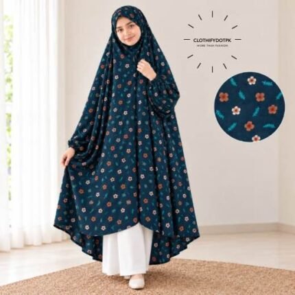 A girl wearing breathable soft swiss lawn modest coverage Kids Namaz Chadar with sleeves. BY CLOTHIFYDOTPK