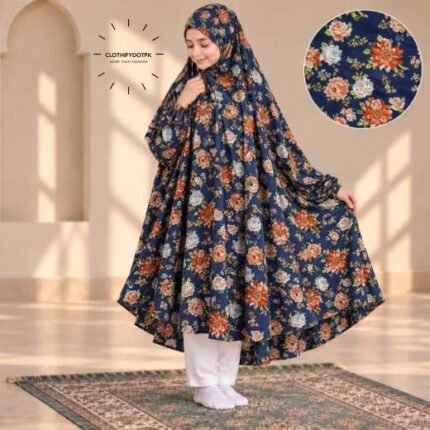 A young girl wearing a soft, Kids Winter Namaz Chadar with sleeves made of breathable warm fabric, sized perfectly for a child | BY CLOTHIFYDOTPK