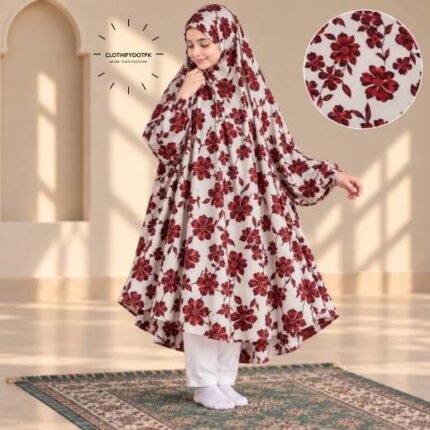 A young girl wearing a soft, Kids Winter Namaz Chadar with sleeves made of breathable warm fabric, sized perfectly for a child | BY CLOTHIFYDOTPK