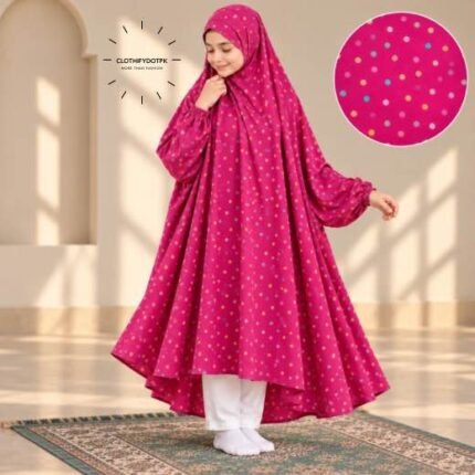 A young girl wearing a soft, Kids Winter Namaz Chadar with sleeves made of breathable warm fabric, sized perfectly for a child | BY CLOTHIFYDOTPK