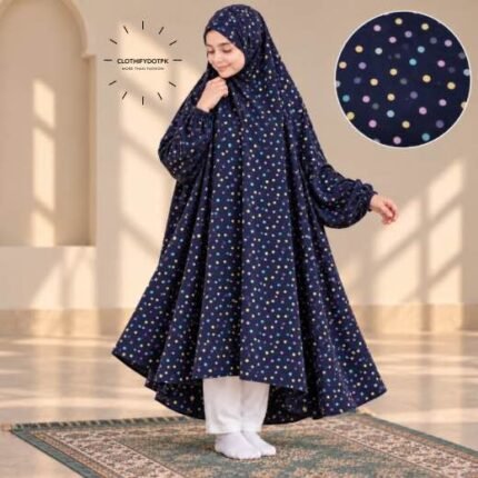 A young girl wearing a soft, Kids Winter Namaz Chadar with sleeves made of breathable warm fabric, sized perfectly for a child | BY CLOTHIFYDOTPK