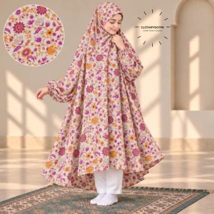 A young girl wearing a soft, Kids Winter Namaz Chadar with sleeves made of breathable warm fabric, sized perfectly for a child | BY CLOTHIFYDOTPK