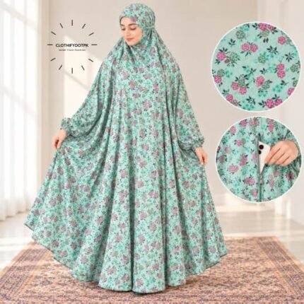 Women wearing Full Length Printed Namaz Chadar with Front Zipper Pocket and Elastic Sleeves. BY CLOTHIFYDOTPK
