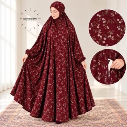 Women wearing Full Length Printed Namaz Chadar with Front Zipper Pocket and Elastic Sleeves. BY CLOTHIFYDOTPK