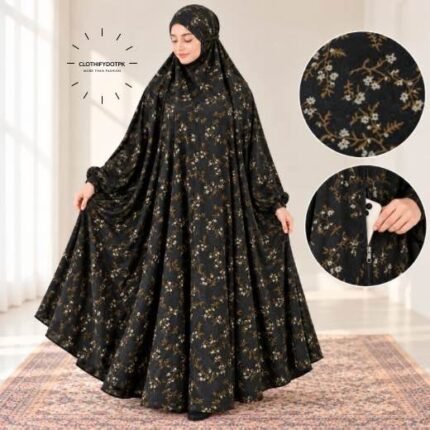 Women wearing Full Length Printed Namaz Chadar with Front Zipper Pocket and Elastic Sleeves. BY CLOTHIFYDOTPK