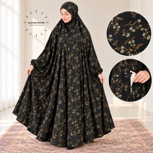 Namaz Chadar with Sleeves & Pocket -893 - 11 Women wearing Full Length Printed Namaz Chadar with Front Zipper Pocket and Elastic Sleeves. BY CLOTHIFYDOTPK