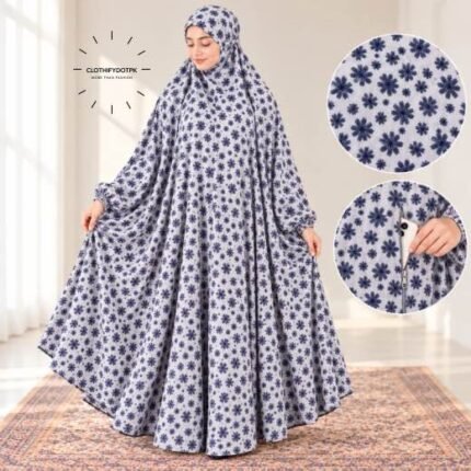 Women wearing Full Length Printed Namaz Chadar with Front Zipper Pocket and Elastic Sleeves. BY CLOTHIFYDOTPK