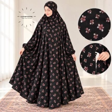 Women wearing Full Length Printed Namaz Chadar with Front Zipper Pocket and Elastic Sleeves. BY CLOTHIFYDOTPK