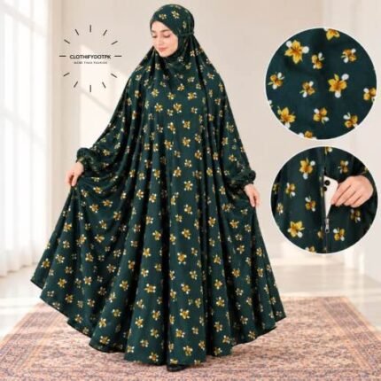 Women wearing Full Length Printed Namaz Chadar with Front Zipper Pocket and Elastic Sleeves. BY CLOTHIFYDOTPK