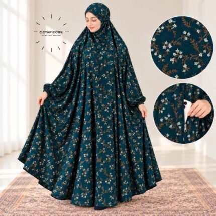 Women wearing Full Length Printed Namaz Chadar with Front Zipper Pocket and Elastic Sleeves. BY CLOTHIFYDOTPK