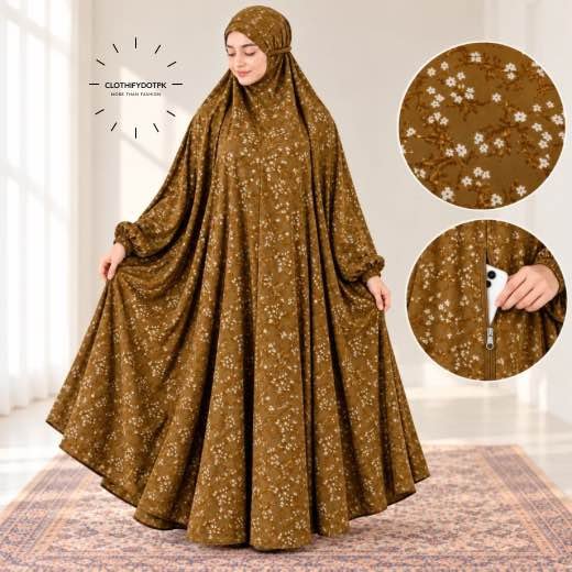 Namaz Chadar with Sleeves & Pocket -894 Women wearing Full Length Printed Namaz Chadar with Front Zipper Pocket and Elastic Sleeves. BY CLOTHIFYDOTPK