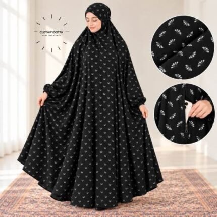 Women wearing Full Length Printed Namaz Chadar with Front Zipper Pocket and Elastic Sleeves – Soft Comfortable Prayer Hijab BY CLOTHIFYDOTPK