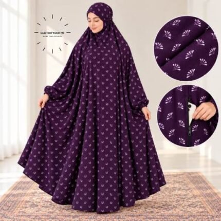Women wearing Full Length Printed Namaz Chadar with Front Zipper Pocket and Elastic Sleeves – Soft Comfortable Prayer Hijab BY CLOTHIFYDOTPK