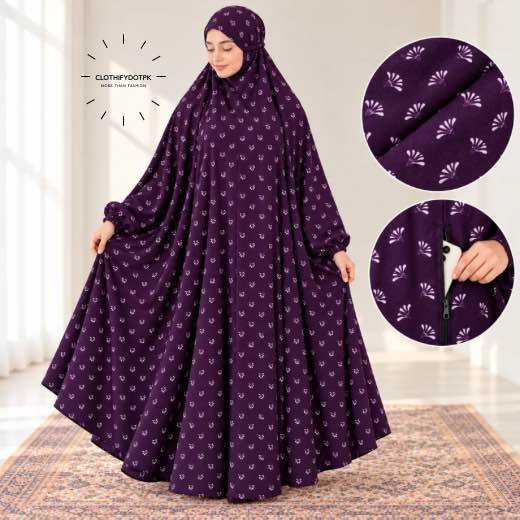 Women wearing Full Length Printed Namaz Chadar with Front Zipper Pocket and Elastic Sleeves – Soft Comfortable Prayer Hijab BY CLOTHIFYDOTPK