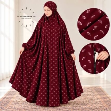 Women wearing Full Length Printed Namaz Chadar with Front Zipper Pocket and Elastic Sleeves – Soft Comfortable Prayer Hijab BY CLOTHIFYDOTPK