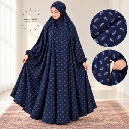 Women wearing Full Length Printed Namaz Chadar with Front Zipper Pocket and Elastic Sleeves – Soft Comfortable Prayer Hijab BY CLOTHIFYDOTPK