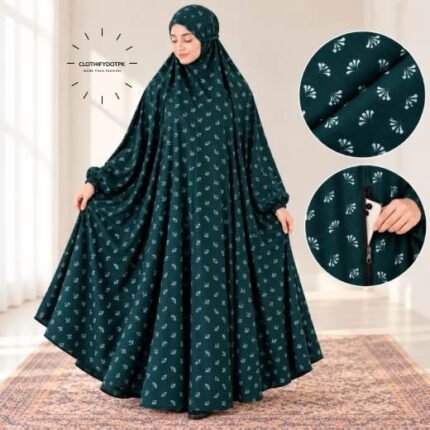 Women wearing Full Length Printed Namaz Chadar with Front Zipper Pocket and Elastic Sleeves – Soft Comfortable Prayer Hijab BY CLOTHIFYDOTPK