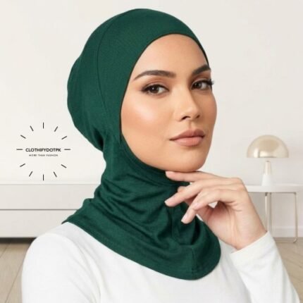Model wearing ninja Hijab Cap for comfortable head and neck coverage. BY CLOTHIFYDOTPK